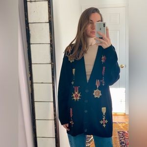 VTG 80s 90s military style wool long cardigan medal embroidery Jones New York